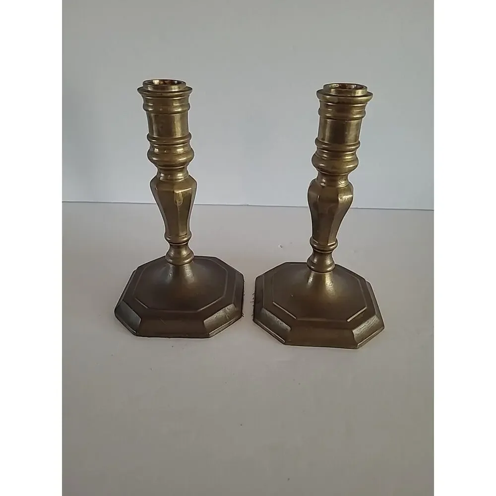 Antiqued Brass Taper Candleholders 7 Inches Heavy Square Base Made in India
